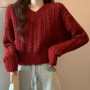 Áo len nữ retro cổ chữ V tay dài, phù hợp ngày thường, chất liệu dệt kim xoắn mới