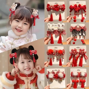 Kẹp tóc tua rua nơ đỏ vintage dành cho trẻ em, phù hợp lễ hội