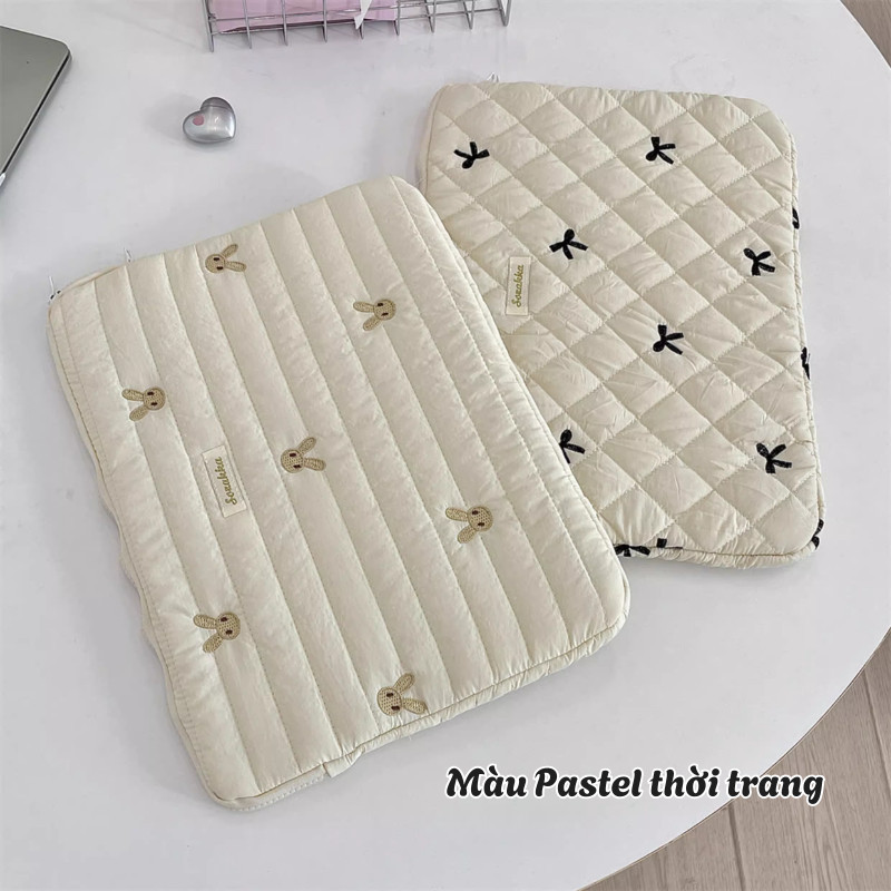 Túi Đựng Laptop Chống Sốc Vải Cotton Chần Bông, Túi Đựng Tài Liệu Họa Tiết Thỏ Nơ Dễ Thương DINO