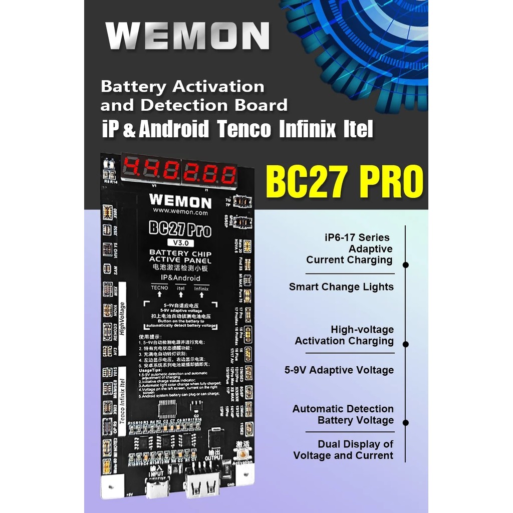 Bảng phát hiện kích hoạt pin WEMON BC27 PRO cho IPhone 6-17 & 400 + Mẫu Android Kích hoạt một cú nhấp chuột của công cụ pin