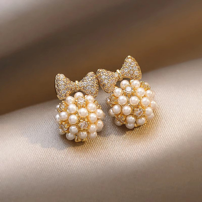 Bông Tai Nơ Ngọc Trai Đính Đá Zircon Phong Cách Hàn Quốc