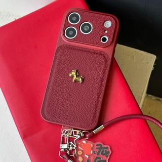 Bảo Vệ Toàn Diện Mạ 3D Ngựa Vàng Da PU Đỏ Làm Giàu Dây Đeo Ốp Điện Thoại Cho iPhone 17Promax 17Pro 13 14 15 16 Pro Max Vỏ Di Động Nữ Chống Sốc
