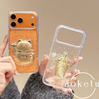 Trà sữa mèo may mắn lá vàng trong suốt thích hợp cho vỏ điện thoại Apple 17 Promax sang trọng ba chiều 16 / 15 / 14 / 13 / 12 / 11 bao gồm tất cả vỏ silicon chống rơi
