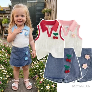 1-5 Tuổi Trẻ Em Bé Gái Mùa Hè 2 Bộ Anh Đào Trang Trí Ve Áo Cổ Chữ V Áo Áo Denim Skorts Trang Phục Cho Bé