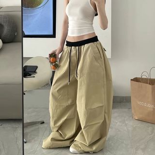 2026 Mỹ Retro Lười Ống Rộng Drap Mồ Hôi Nữ Jazz Nhảy Múa Túi Quần Áo Dây Rút Quần Thường Ngày 4.7