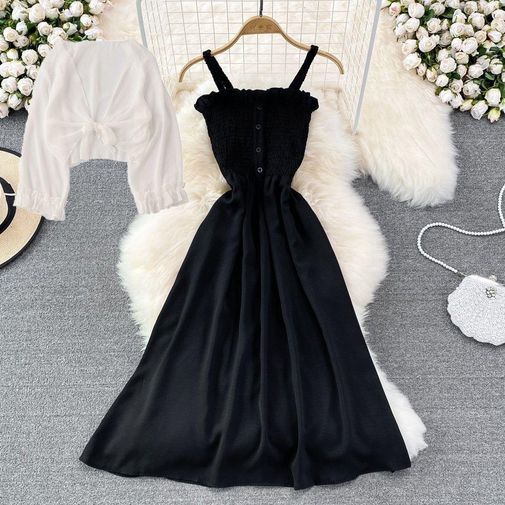 Thời Trang Mùa Hè 2026 Mỡ mm Pháp Niche Retro Cao Cấp Ôm Hơn Nhìn Sling Váy Dài + Khăn choàng voan Chống Nắng Quần Áo Bộ Hai Mảnh