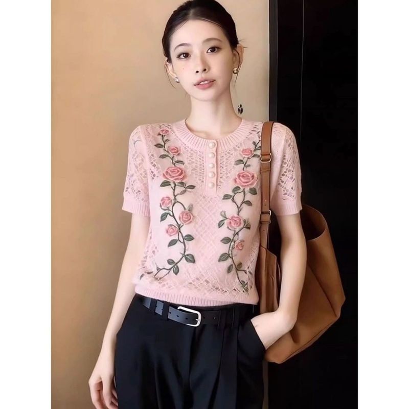 Áo Thun Nữ Phong Cách Hàn Quốc Mới Nhất, Họa Tiết Hoa Hồng, Cổ Tròn, Thoáng Khí Mùa Hè