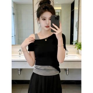 Plus Size Top Nữ Plus Size Ngắn Top Béo MM Giả Hai Mảnh Áo Thun Nữ Tay Ngắn Mùa Hè Năm Nay Phổ Biến Ôm Hơn Thiết Kế Dáng Rộng Vai Top 120kg Plus Size Quần Áo Nữ