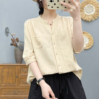 Áo sơ mi nữ cotton cổ chữ V, tay vừa, form rộng nhẹ, phù hợp mùa hè
