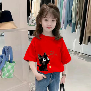Áo thun đen cho bé gái in hình mèo mắt to, đơn giản và thời trang, thoáng khí và thân thiện với da, dễ phối đồ.