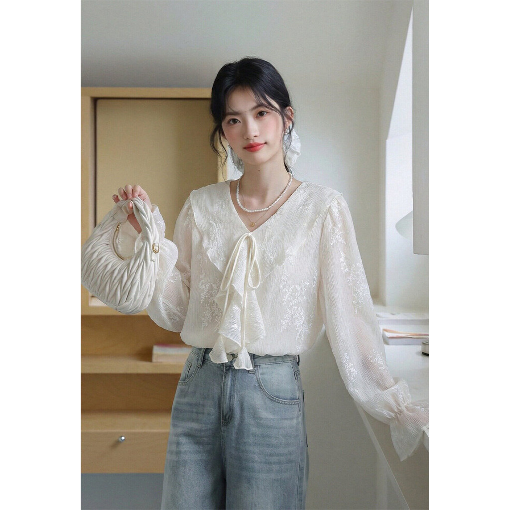 Mutu Áo sơ mi nữ Jacquard xù mùa xuân 2026 phong cách mới tinh tế