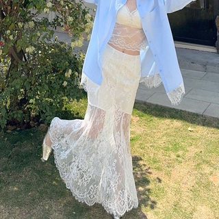 Nova-Chân Váy Ren Dài Xòe Đi Biển Váy Ren Dáng Dài Xuyên Thấu Vintage