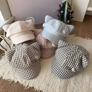 Mũ beret tai mèo kẻ sọc phong cách Nhật Bản, chu vi đầu lớn tạo vẻ ngọt ngào và thanh lịch