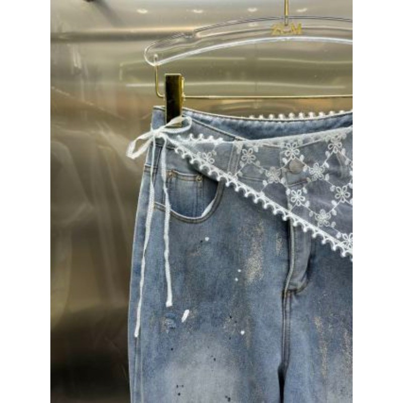 Quần jean nữ lưng cao mới có quần Denim và ren đục lỗ