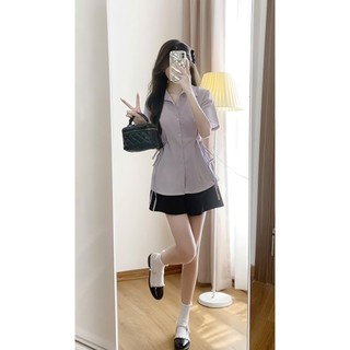 Set áo sơ mi đũi phối dây buộc hai bên eo kèm quần short cạp chun, Set đồ bộ