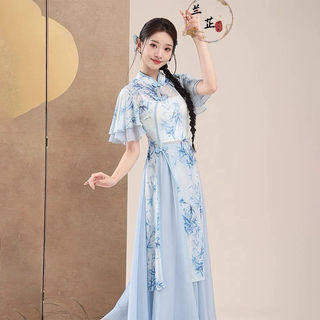 Váy sườn xám gạc kiểu Trung Hoa cổ điển, cao cấp phong cách thanh lịch nhẹ nhàng cho Nữ
