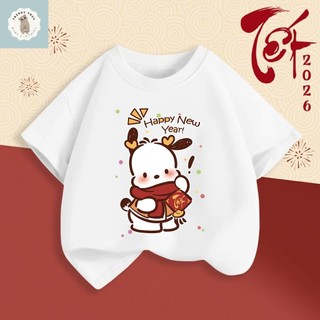 Áo thun ngắn tay in một mặt hình chó Pachana và Hello Kitty dành cho bé gái, thoải mái và thân thiện với da