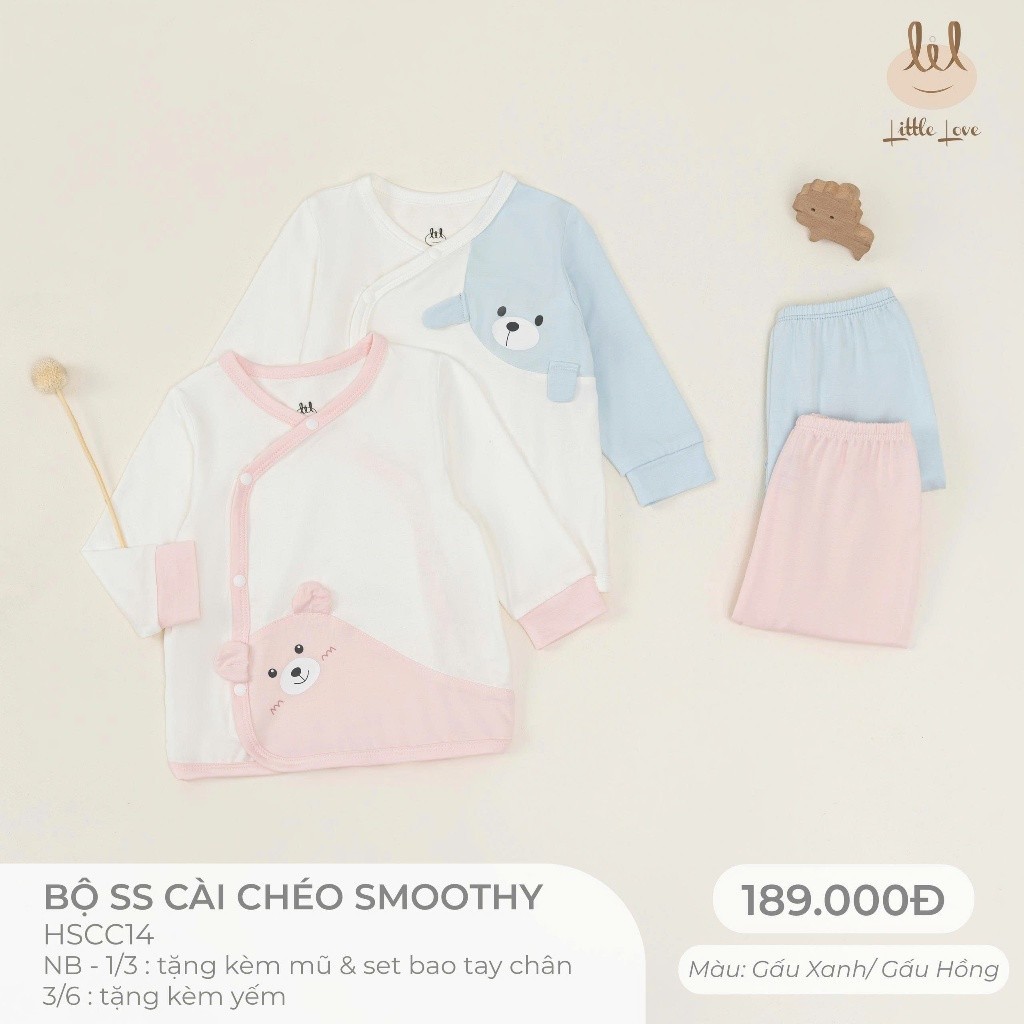 Bộ Sơ Sinh cài lệch dài tay mỏng chất liệu smoothy  cho bé từ 0-6 tháng (HSCC14) tặng kèm mũ, sét bao tay chân Hoặc Yếm