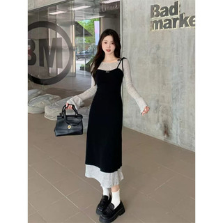 Đầm Dài Tay Dệt Kim Giả Hai Mảnh Kích Cỡ Lớn Đầm Màu Sắc Khối Cho Phụ Nữ Đầm Giảm Cân Mùa Thu