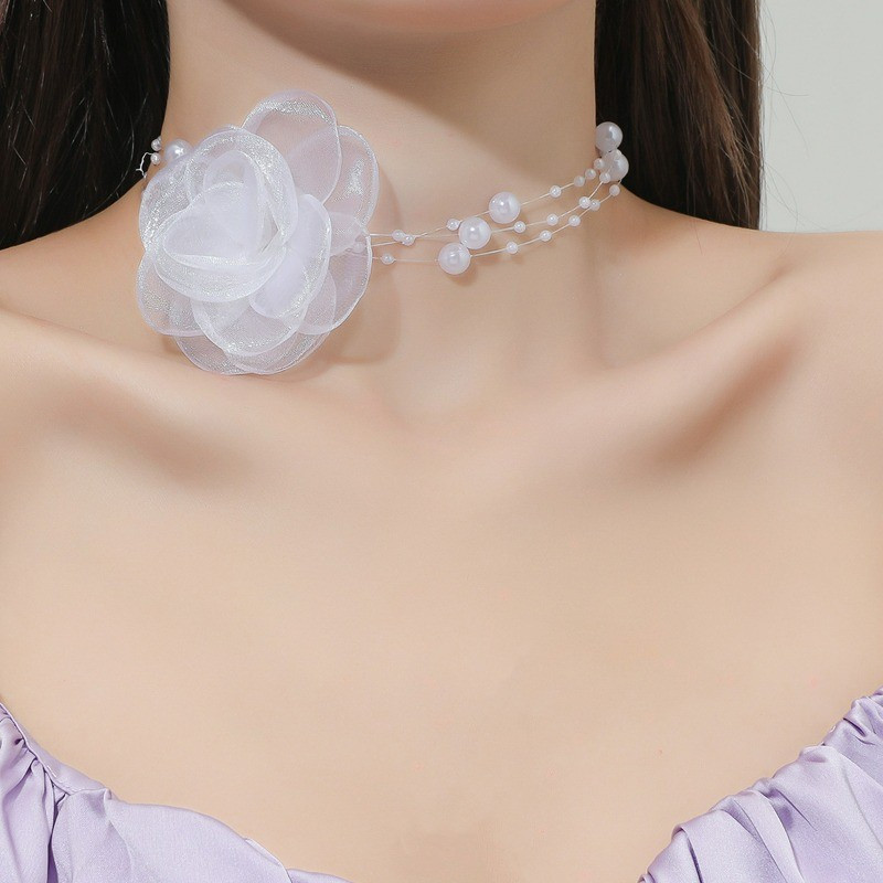 Ngọt Ngào Nhiều Lớp Lưới Camellia Vòng Cổ Ngọc Trai Thời Trang Đính Hạt Xương Đòn Dây Chuyền Cho Bé Gái