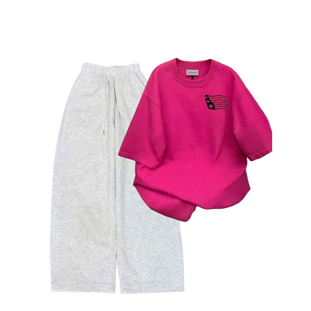 sét bộ quần dài  da cá xám đậm trơn + mix áo phông form rộng lá cờ mỹ chất vải cotton su