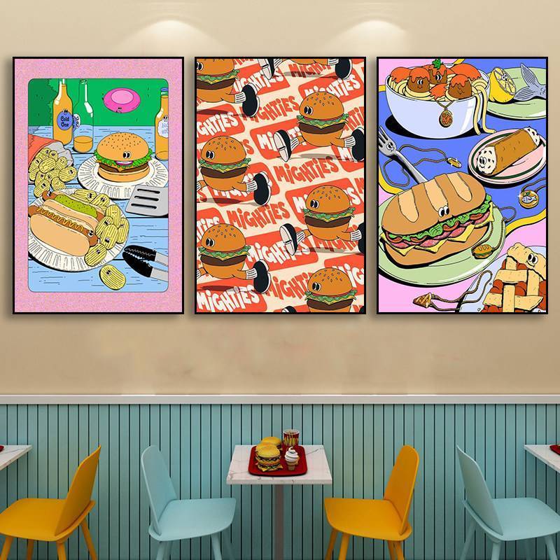 Hoạt Hình Pizza Chiên Gà Hamburger Vải Treo Tường Nghệ Thuật Cho Nhà Hàng Thức Ăn Nhanh Cửa Hàng Trang Trí Phòng Ăn Không Có Khung
