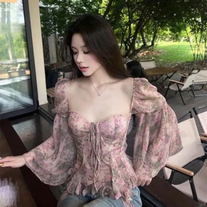 Áo sơ mi in hoa dài tay với ruy băng, phong cách nữ, vừa vặn, thích hợp cho mùa xuân hè