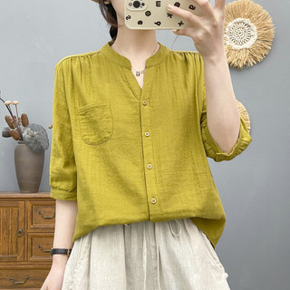 Áo sơ mi nữ cotton cổ chữ V, tay vừa, form rộng nhẹ, phù hợp mùa hè