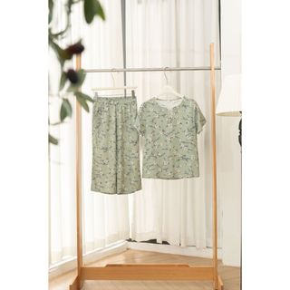 Đồ bộ mặc nhà trung niên nữ SUNFLY lanh mát cho mẹ áo cộc quần ngố SP2262
