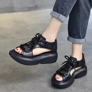 Dép Nữ 36958 / Dép Đế Dày Miệng Cá La Mã Nữ Mùa Hè Phong Cách Mới Giày Màu Trơn Ren Nền Tảng Retro Rỗng Dép