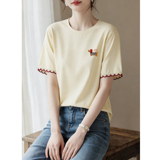 【Hạn giờ】Áo thun nữ cổ tròn cotton nguyên chất, thiết kế dáng rộng với họa tiết chó con và ren
