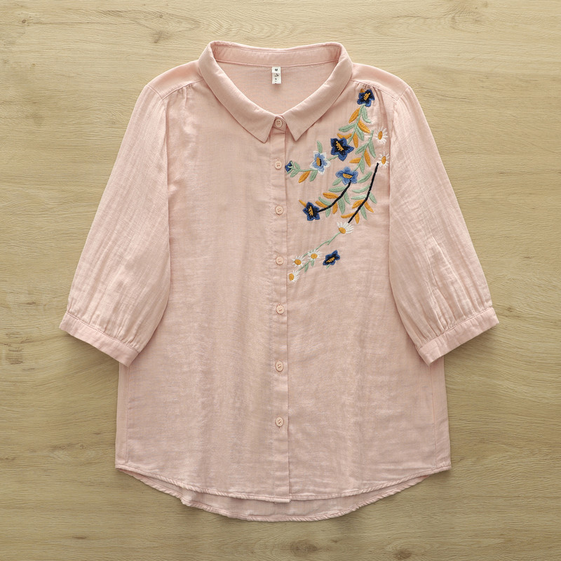 Áo sơ mi nữ tay ngắn thêu đẹp mắt, chất liệu sợi cotton cao cấp, sẵn sàng giao hàng