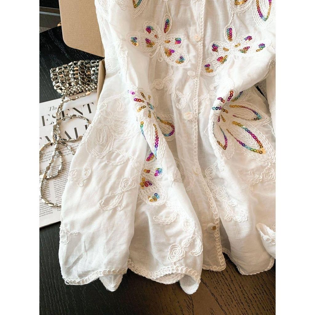 Áo sơ mi dài tay sequin thêu, thiết kế dáng rộng sang trọng cho nữ