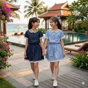 Set Váy Bé Gái Xinh Xắn Viền Ren hàn quốc size đại cồ 18-45kg, Đầm Bé Gái Dạo Phố, Đi Học 6–15 Tuổi