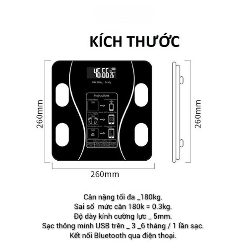 Cân Điện Tử Sạc USB Kết Nối Bluetooth Phân Tích Chỉ Số Cơ Thể