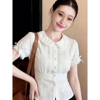 Ren Trắng Khâu Cổ Búp Bê Áo Sơ Mi Tay Ngắn Nữ Thiết Kế Mùa Hè Cảm Thấy Khổng Lồ Đẹp Tay Nhỏ Top 0414
