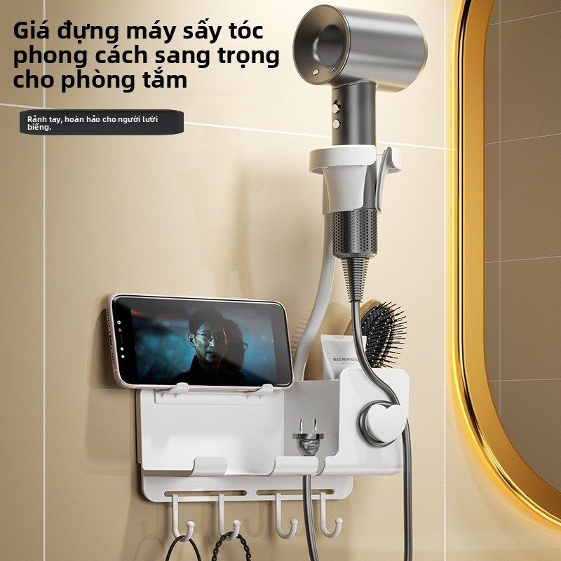 Giá Treo Máy Sấy Tóc Không Khoan,Keo Dán Mạnh,giá treo máy sấy lắp đặt dán tường,Có móc treo, để đồ lặt vặt