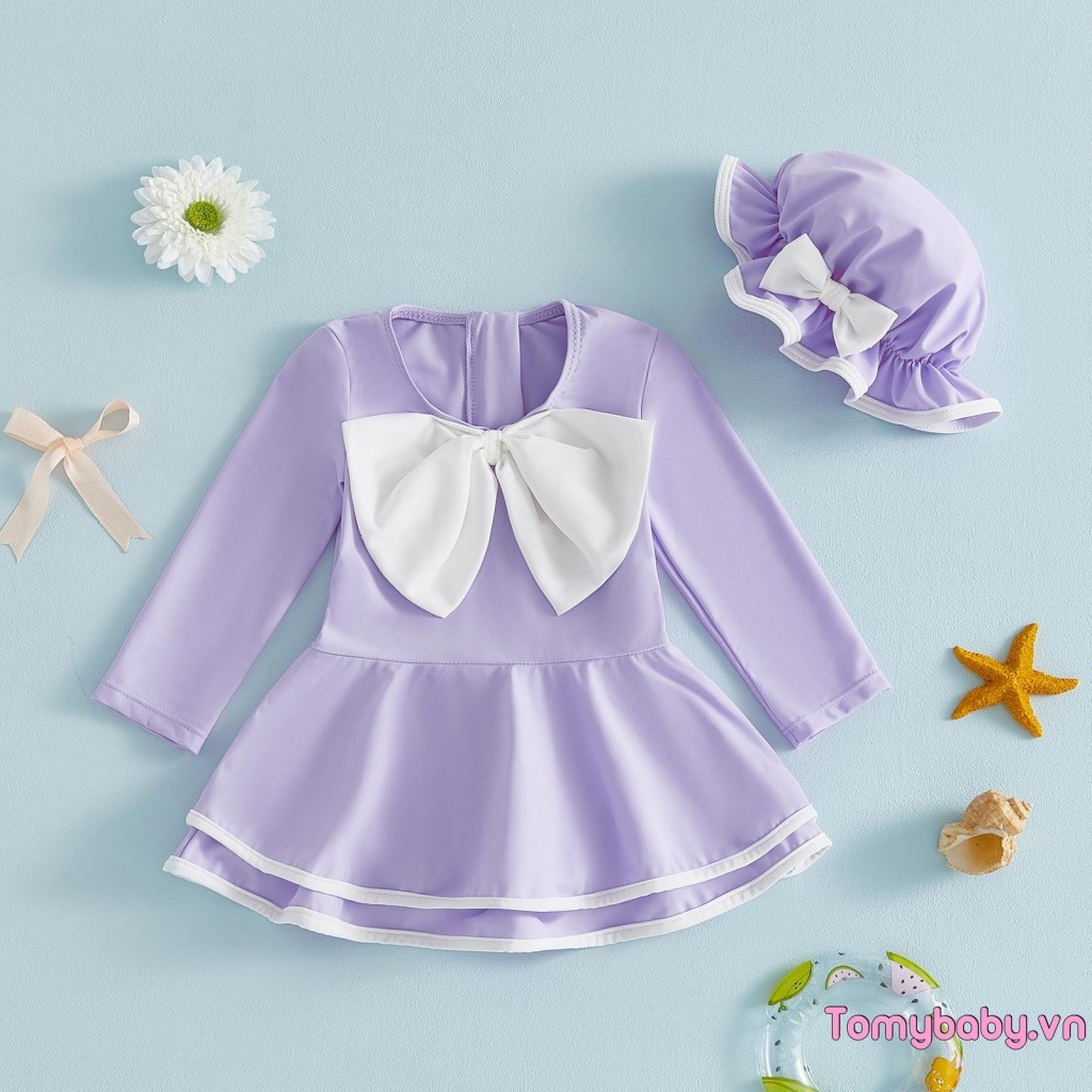 [lpDL] Đồ bơi Baby Girls Rash Guard Bộ đồ tắm phía trước nơ dài tay có mũ chống nắng