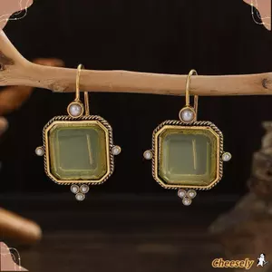 Bông Tai Dangle Cheesely Hình Vuông và Giọt Nước, Xu Hướng Cổ Điển, Màu Xanh Lá Thanh Lịch