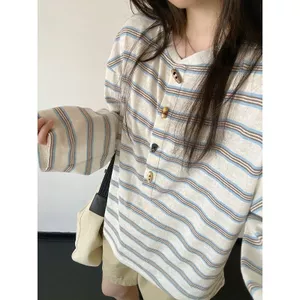 Áo sơ mi Henry nút còi retro sọc dài tay dành cho nữ, hợp mốt mùa hè