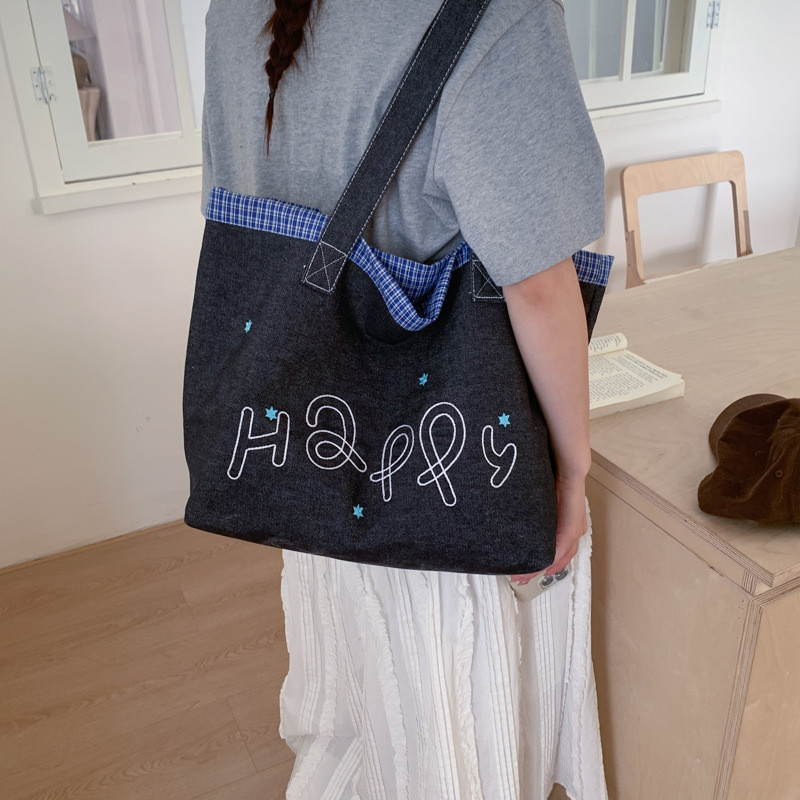 Nhật Bản Hàn Quốc Đơn Giản Apple Thêu Đeo Vai Denim Nữ 2026 Phong Cách Mới Sinh Viên Đi Lại Túi Tote Dung Tích Lớn