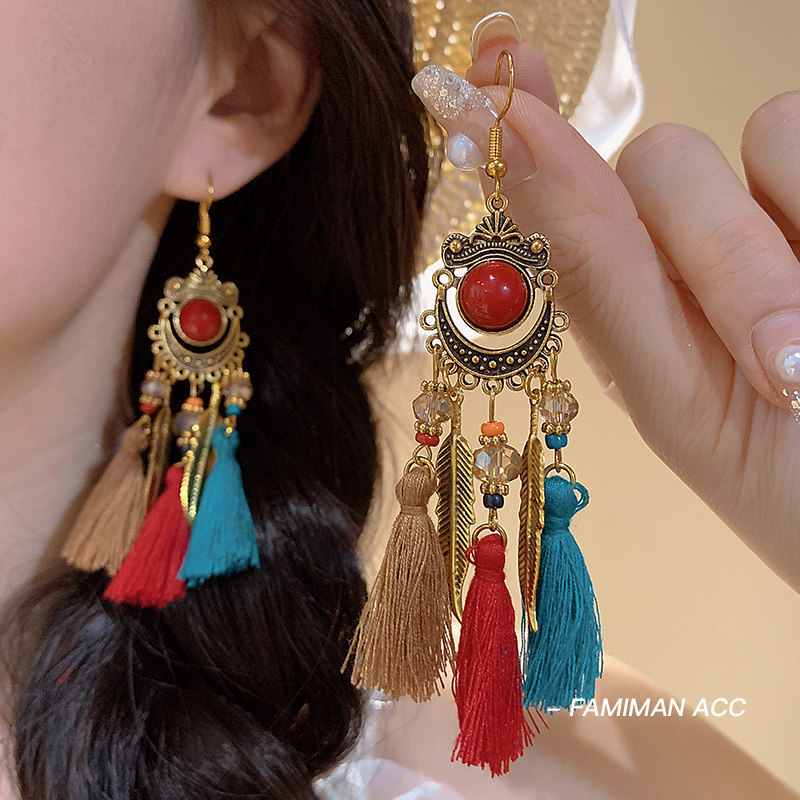 Bông tai tua rua dài phong cách Bohemian Bông tai thời trang phong cách kỳ nghỉ cao cấp dành cho nữ