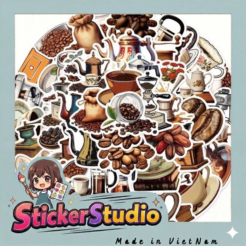 60 sticker ly cà phê phong cách thuần việt trang trí quán cf menu quán mũ bảo hiểm note book rất đẹp
