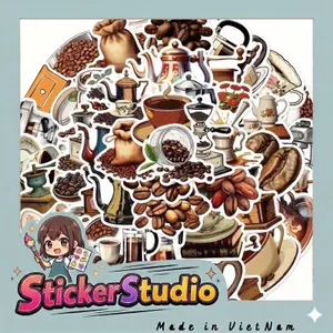 Set 60 Sticker Ly cà phê phong cách thuần việt Chống Nước Dán Laptop Vali Mũ Bảo Hiểm Sổ Tay