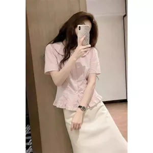 Áo sơ mi ngắn tay nữ phiên bản Hàn Quốc, cổ búp bê màu hồng, cảm giác mát mẻ