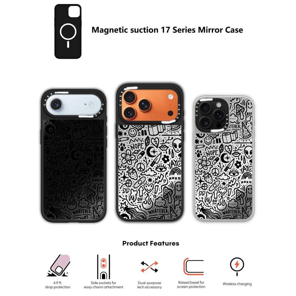 CASECASE X Dù Ốp Lưng Đen & Bạc Gương Hút Từ Tính IPhone Dành Cho IPhone 17 Air 16 15 14 13 12 Pro Max Plus Ốp Lưng Cứng Có Hộp Khắc Logo