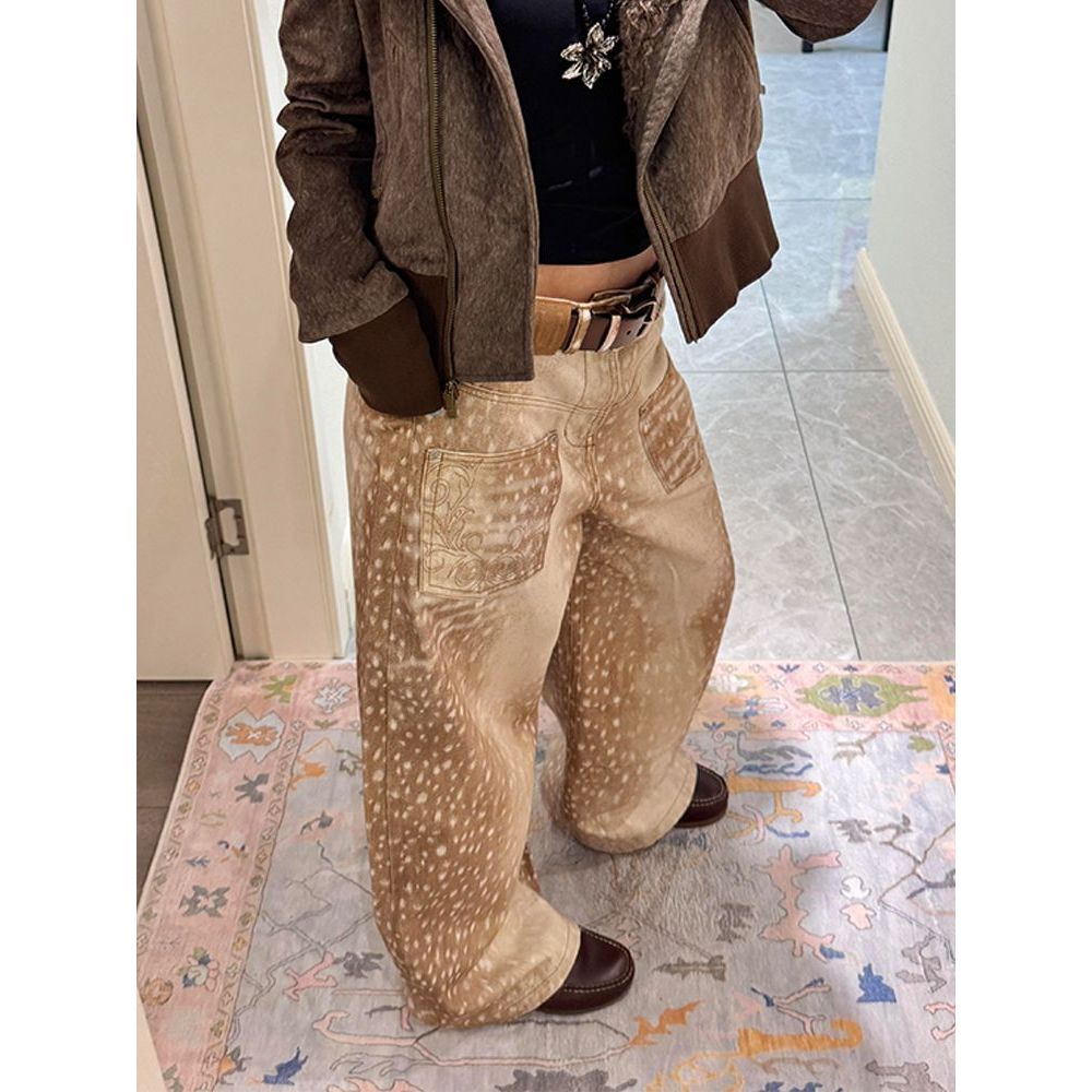 [Giảm Giá 50%] Quần Jean Nữ Họa Tiết Hươu, Thiết Kế Oversize, Thêu Tay Chất Lượng
