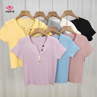 Áo thun nữ mùa hè màu sắc đa dạng, cổ nửa mở, thiết kế tay ngắn thời trang mới