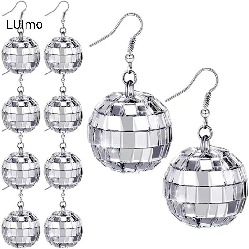LUImo 1 Đôi 70s Màu Bạc Sáng Bóng Disco Tòn Ten Bông Tai Nữ Thoáng Mát Thời Trang Trang Trang Sức Retro Tròn Thả Bông Tai SBS