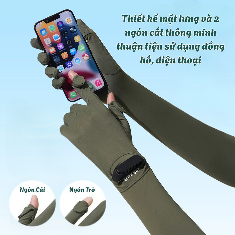 Găng Tay Chống Nắng Dáng Dài Lụa Băng Thoáng Mát UPF50 Chống Tia UV, Xem Đồng Hồ Tiện Dụng Thích Hợp Mọi Hoạt Động Hè